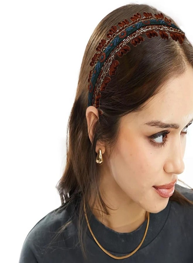 Capiant 2 Pack Embroidered Headbands for Women, Wide Non-Slip Boho Floral Hair Hoops, Ethnic Flower Head, Lace - Image 5